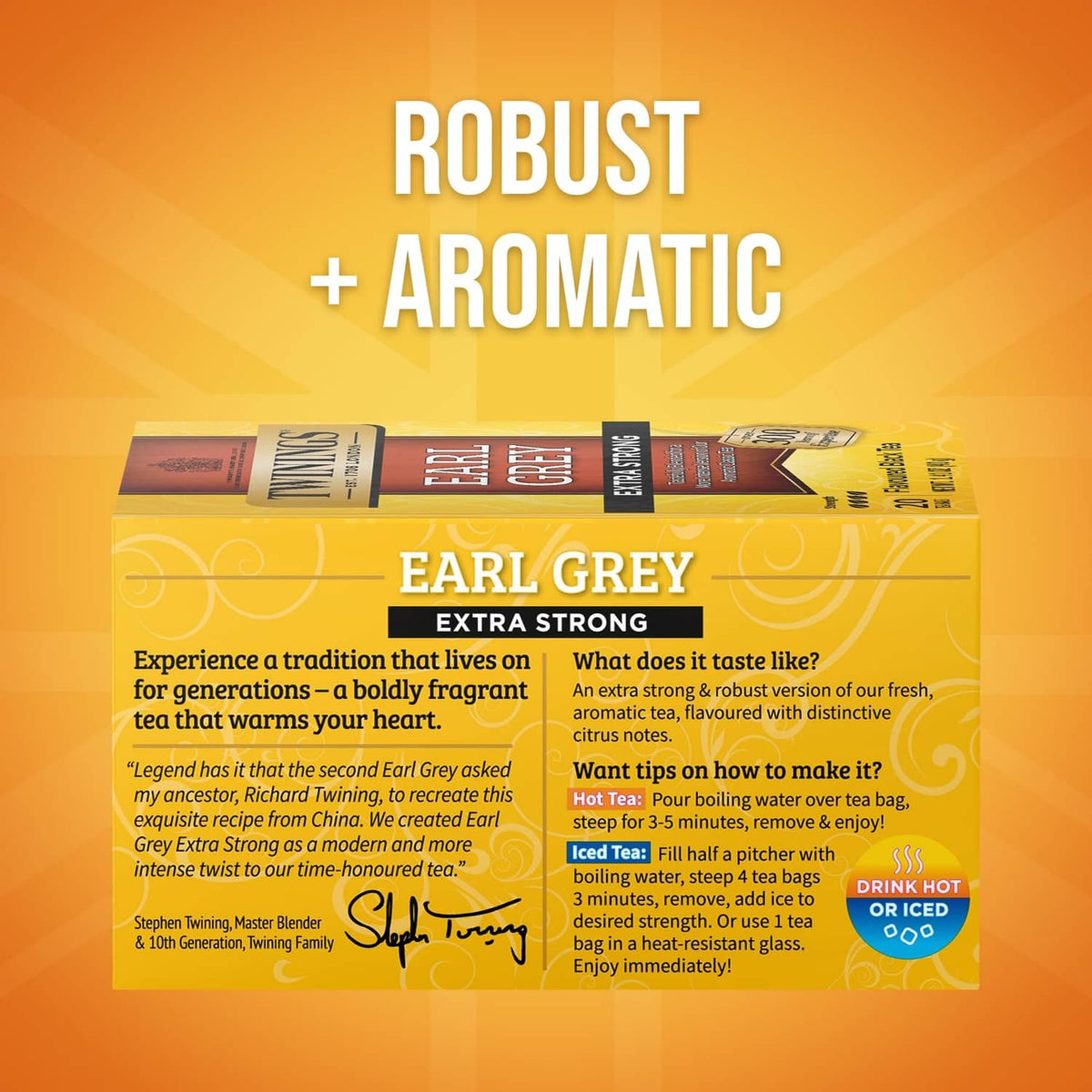 Twinings Earl Grey Extra Strong tea box back with robust aromatic and brewing text