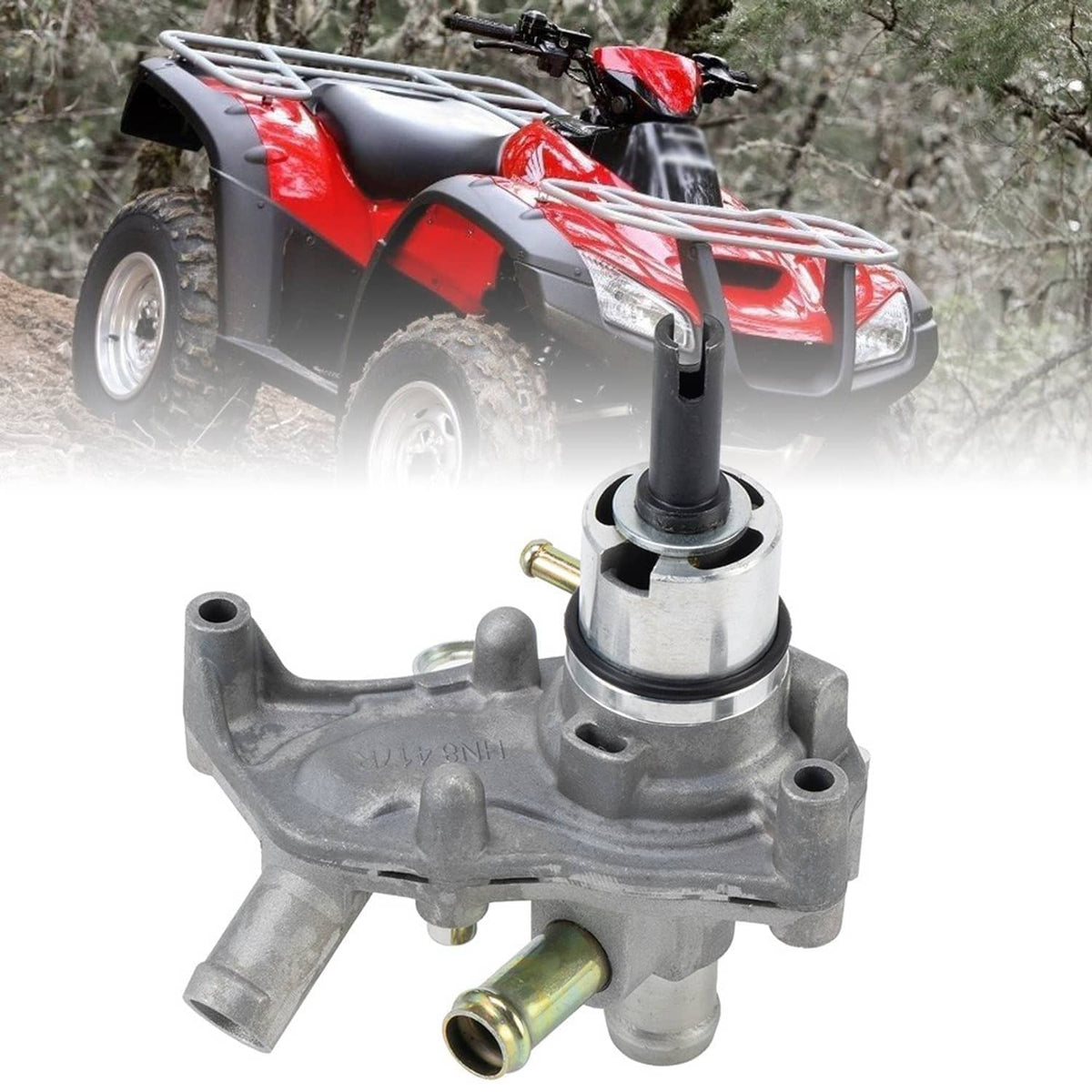 Water pump assembly with cylindrical shaft and outlet fittings on metal body