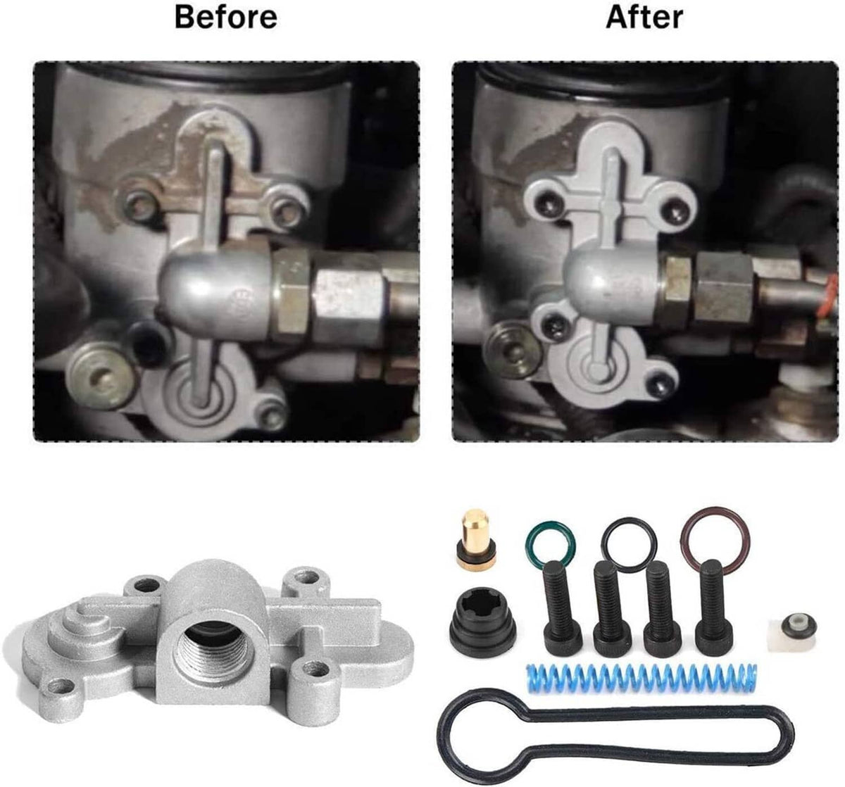Fuel pressure regulator before-and-after comparison with included hardware and springs