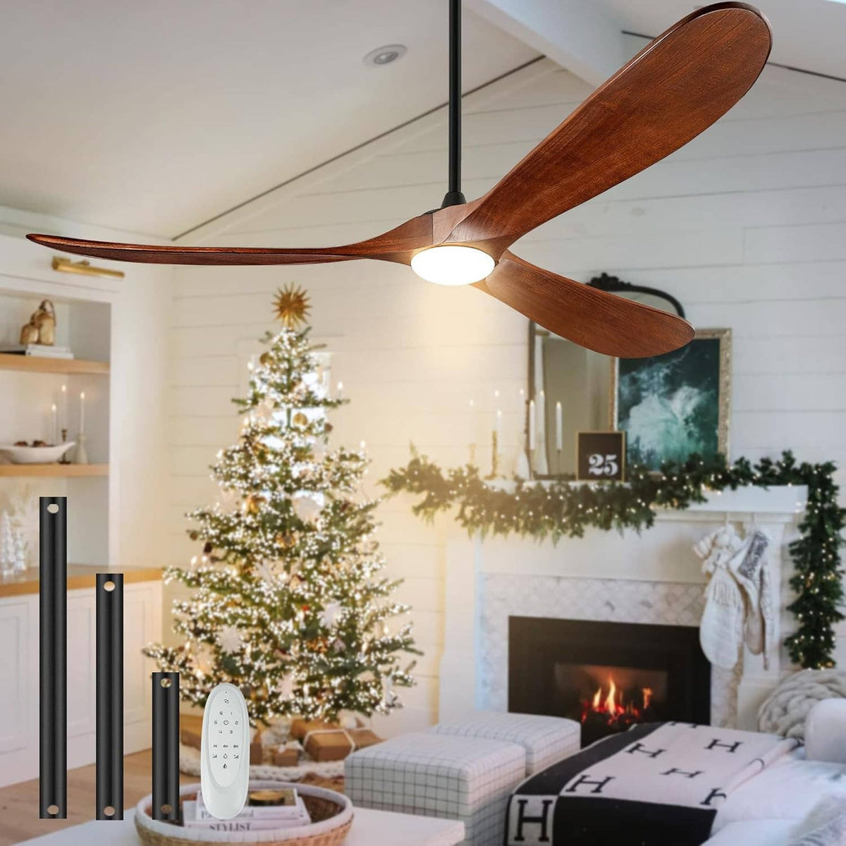 Indoor ceiling fan with light and walnut brown three wood blades, black motor and downrod