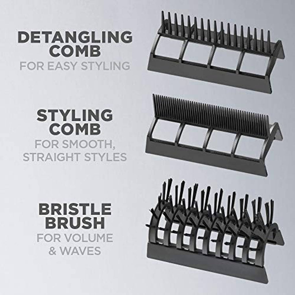 Three black styling comb attachments for a Conair 3-in-1 hair dryer