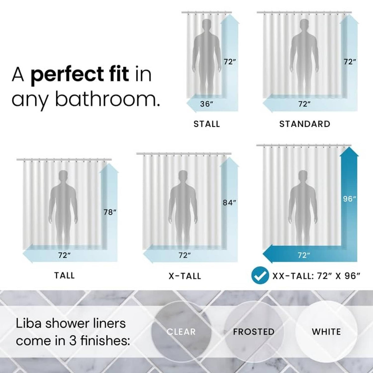 Clear shower curtain liner with size options for standard, tall, and extra-tall showers