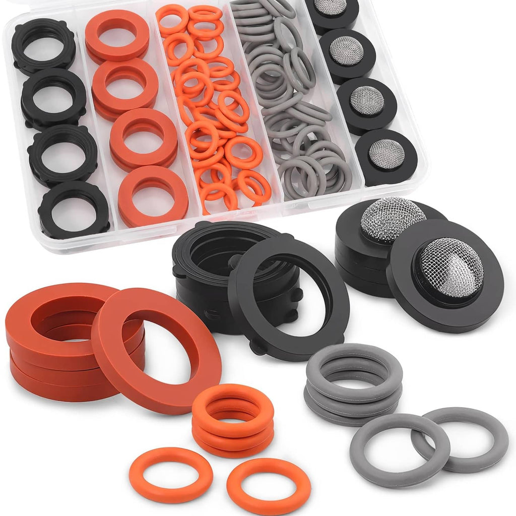 Assorted pressure washer O-rings and mesh screen washers in mixed colors