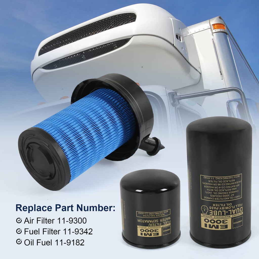 Replacement filter kit with blue air filter cartridge and two black fuel/oil filters