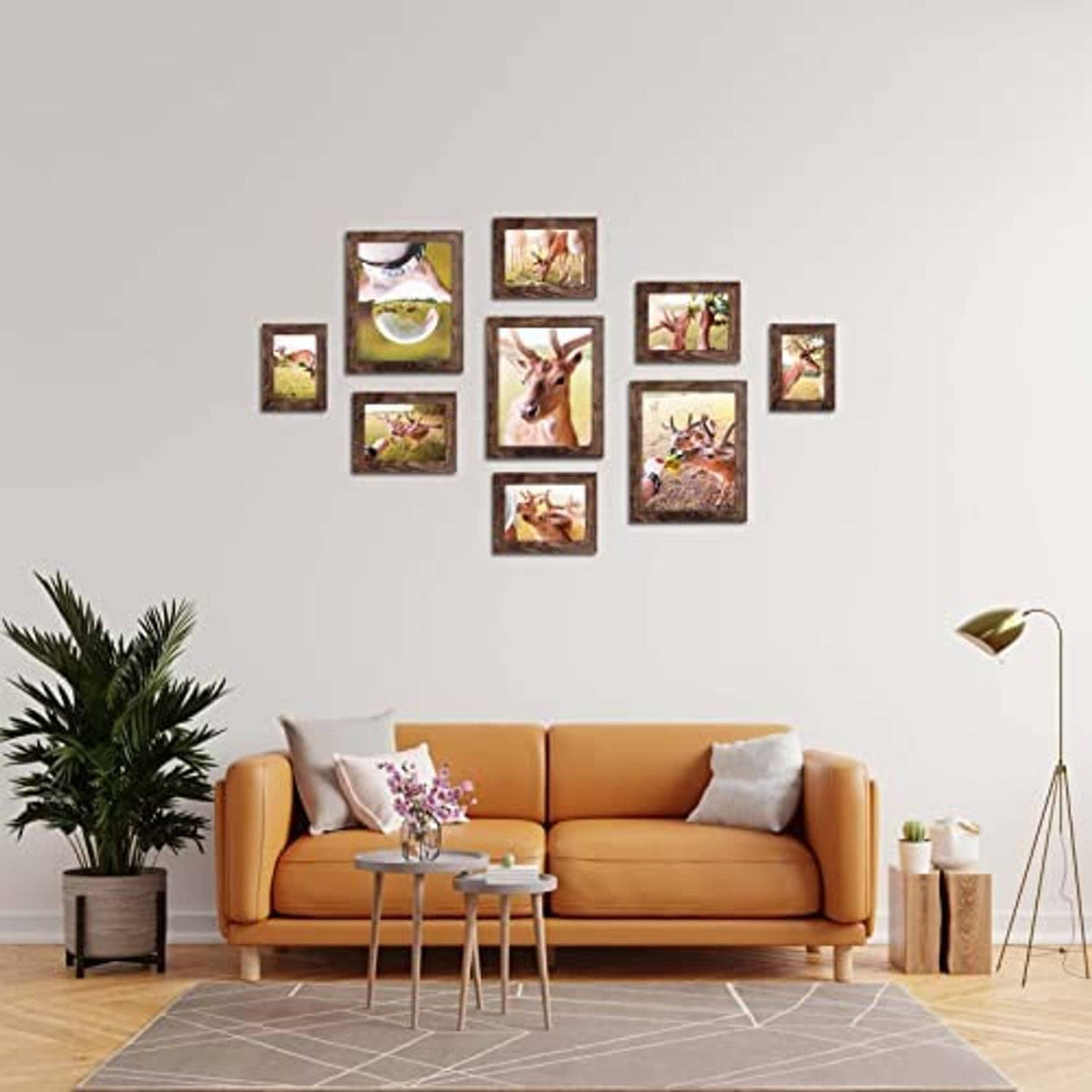 Rustic brown mini photo frame set arranged on a wall above a living room sofa