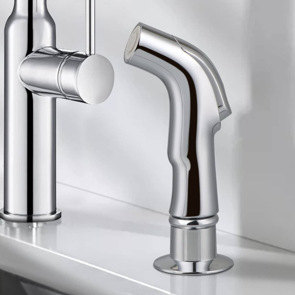 Chrome kitchen sink spray attachment with angled spray head and side connector