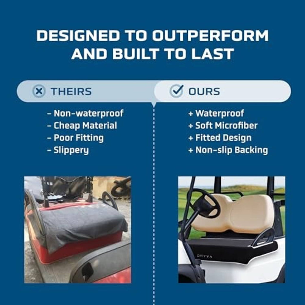 Waterproof golf cart seat cover vs non-waterproof comparison, black cover shown