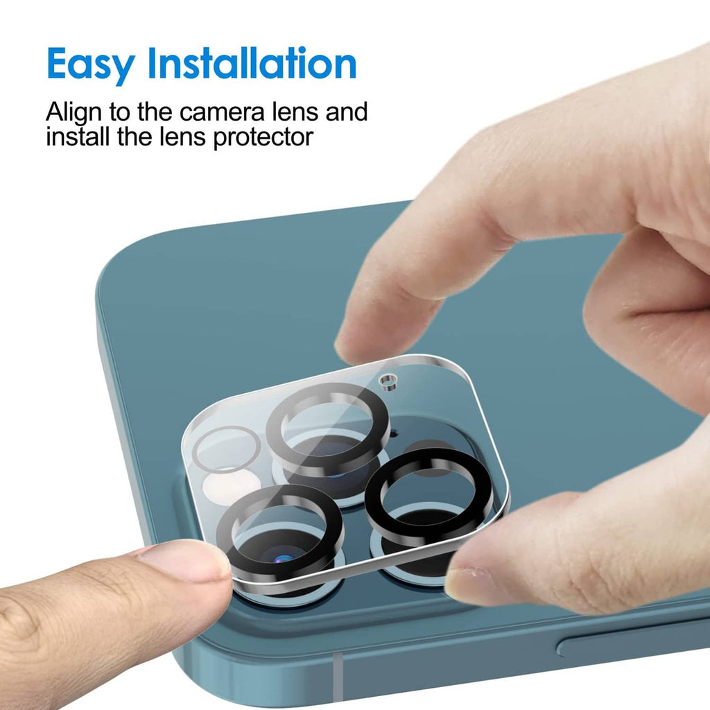 Hands installing a transparent camera lens protector onto an iPhone camera lens