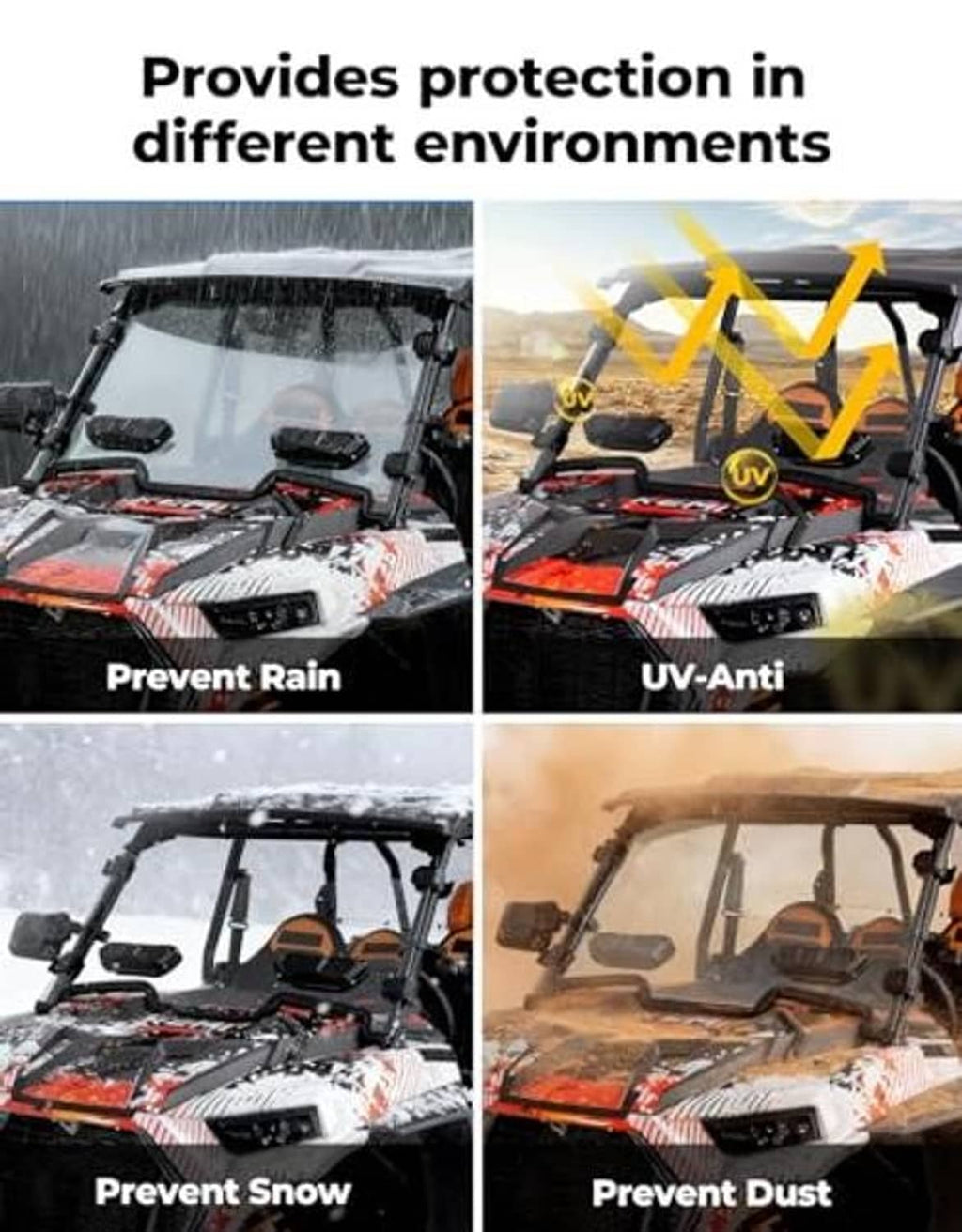UTV 3-in-1 vented windshield for rain, snow, and dust protection scenes