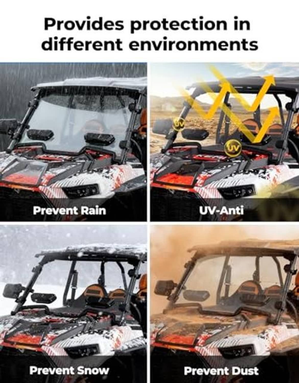 UTV 3-in-1 vented windshield for rain, snow, and dust protection scenes