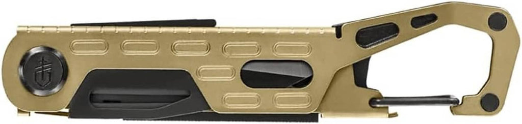 Tan-and-black multi-tool frame with blade and lanyard loop, close-up