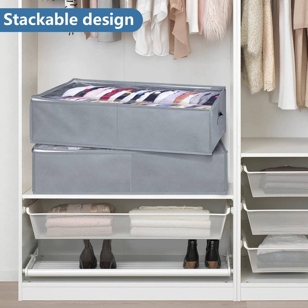Stackable gray hat storage box in closet with caps neatly arranged inside