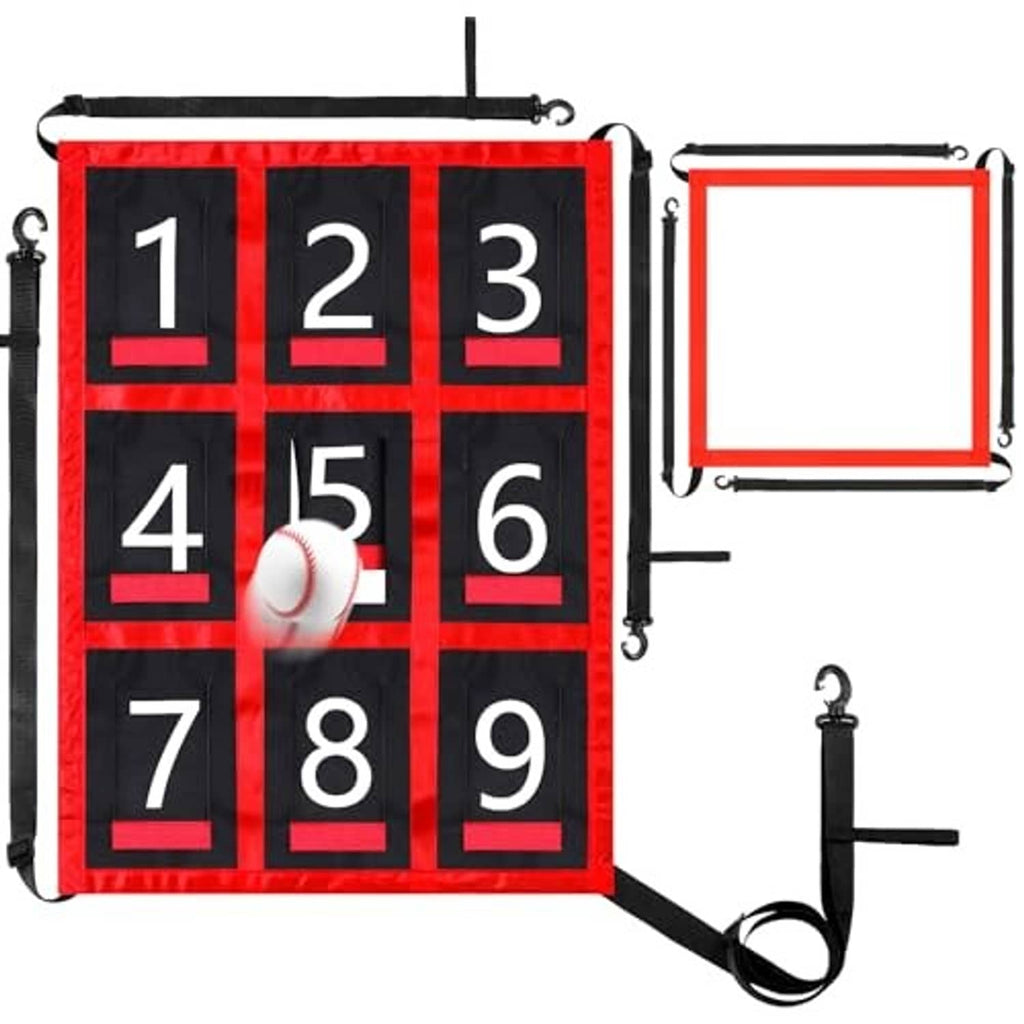 Baseball pitching target net with red-and-black grid numbers 1-9 and baseball