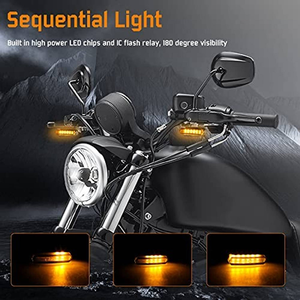 Motorcycle front LED turn signals with amber sequential glow and white running light