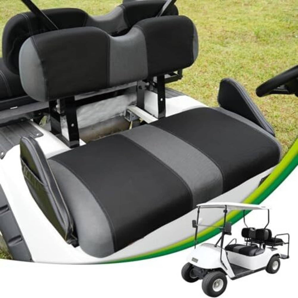 Installed golf cart front seat covers with black cushions and gray center panels