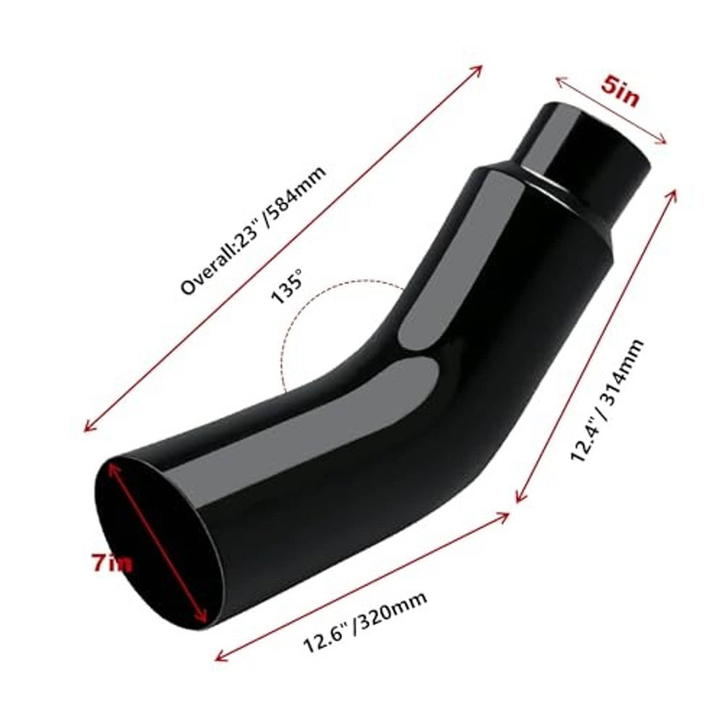 Black exhaust elbow with inlet/outlet dimensions, 5 in to 7 in size