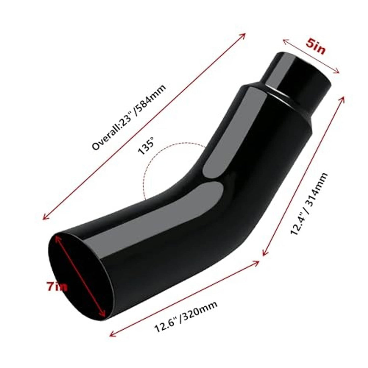 Black exhaust elbow with inlet/outlet dimensions, 5 in to 7 in size