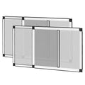 Adjustable window screen with white frame and gray mesh panels, two-section hinged look