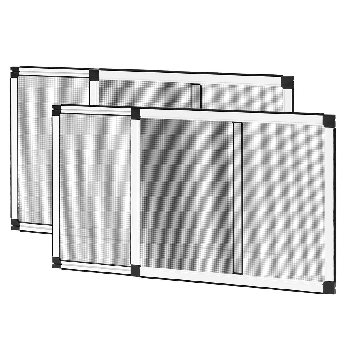 Adjustable window screen with white frame and gray mesh panels, two-section hinged look