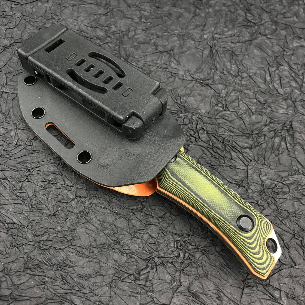 Fixed blade knife with black Kydex sheath holder, orange base, green handle and screws