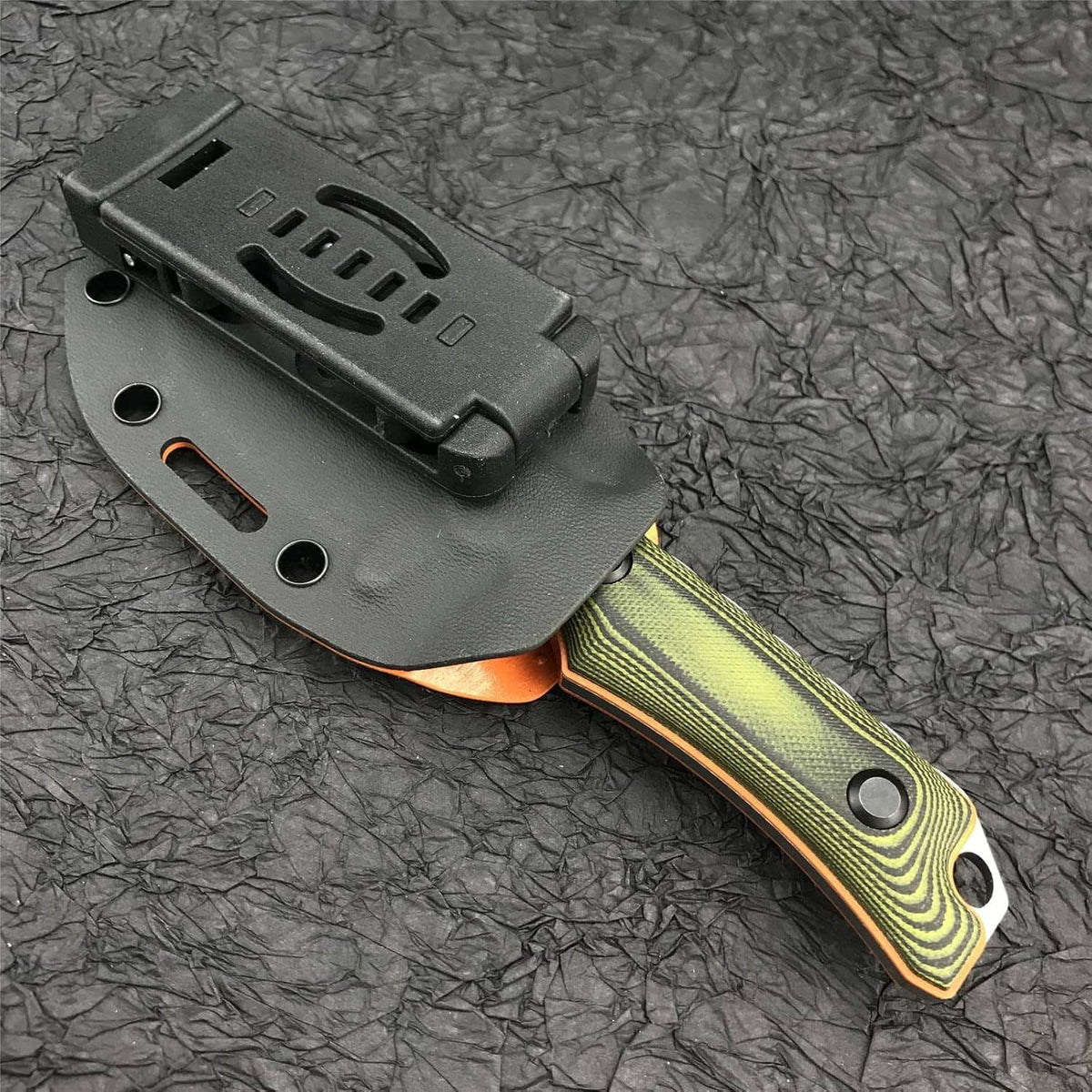 Fixed blade knife with black Kydex sheath holder, orange base, green handle and screws