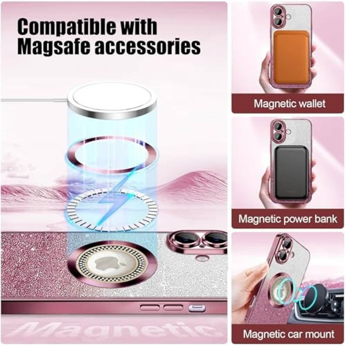 Pink glitter iPhone case with rhinestone magnetic ring for MagSafe accessories