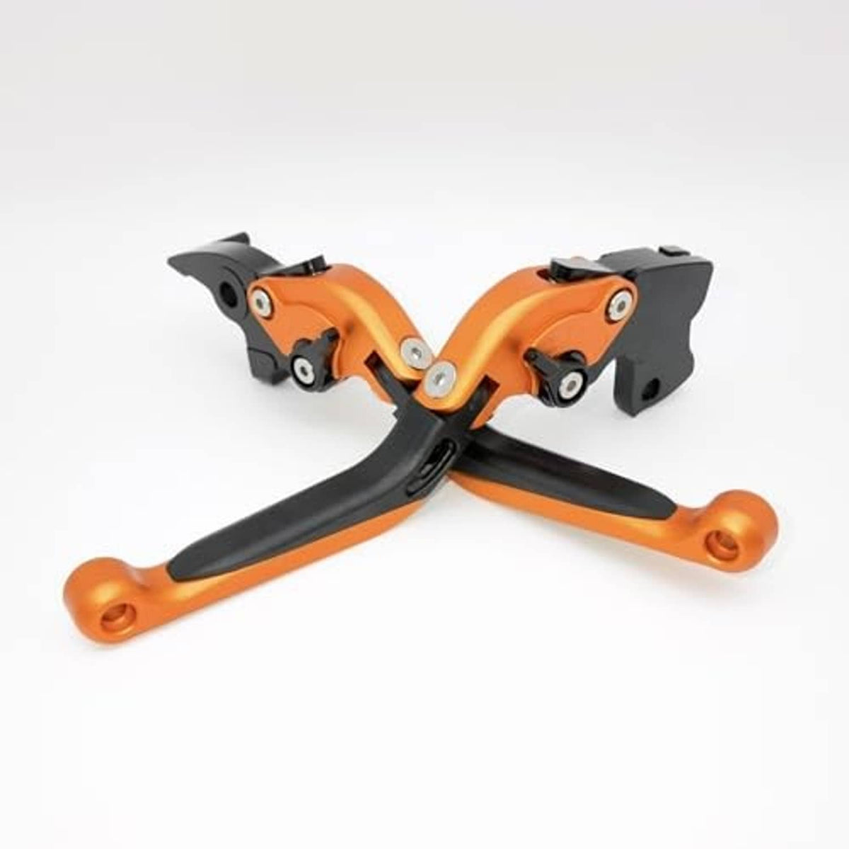 Orange and black motorcycle brake and clutch levers set with pivot hardware