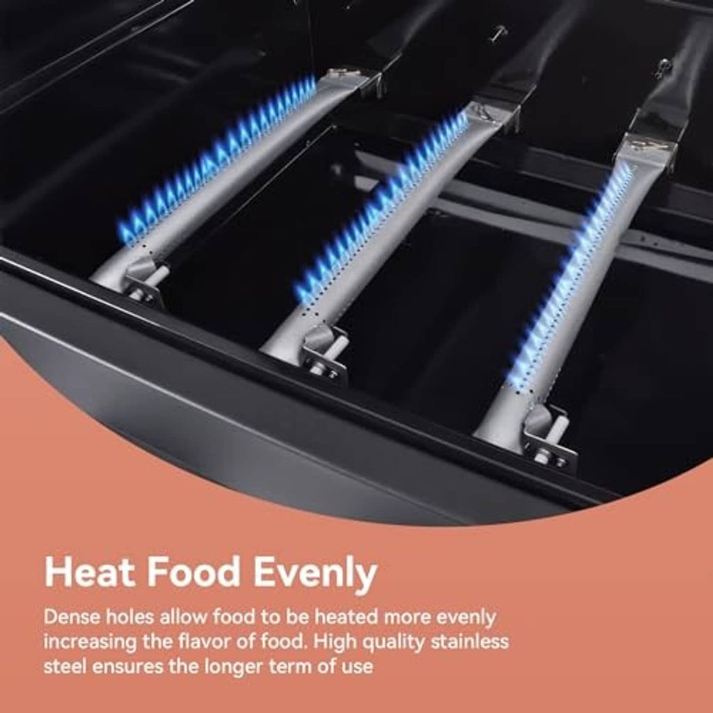 Stainless steel grill burners igniting with blue gas flames inside grill firebox