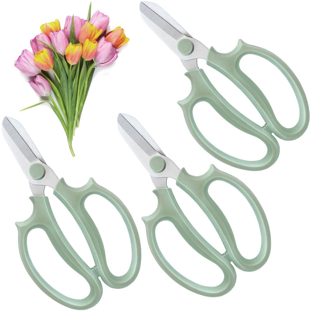 Set of 3 flower shears with mint green handles and silver blades