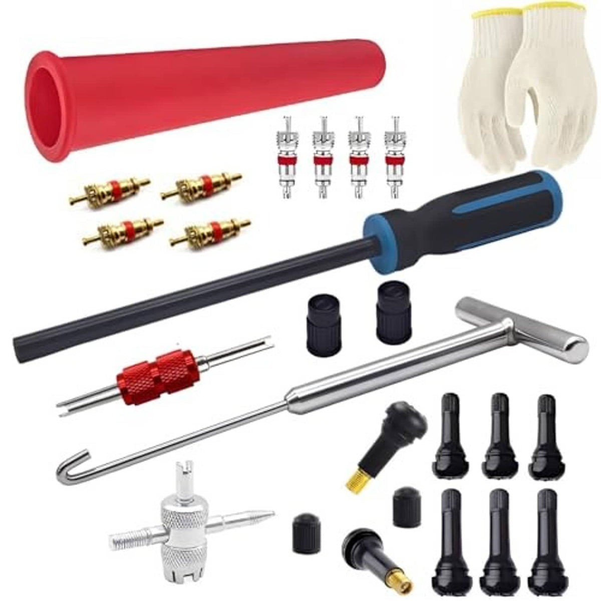 Valve stem puller kit with red handle, silver tools, black valve caps, and glove