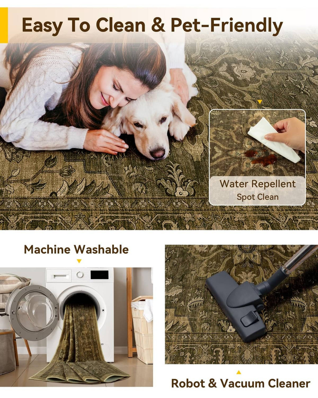 Machine-washable rug with water-repellent spot-clean surface and pet-friendly design