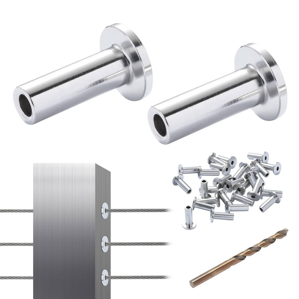 Stainless steel wire rope protector sleeves with screws, drill bit, and cable