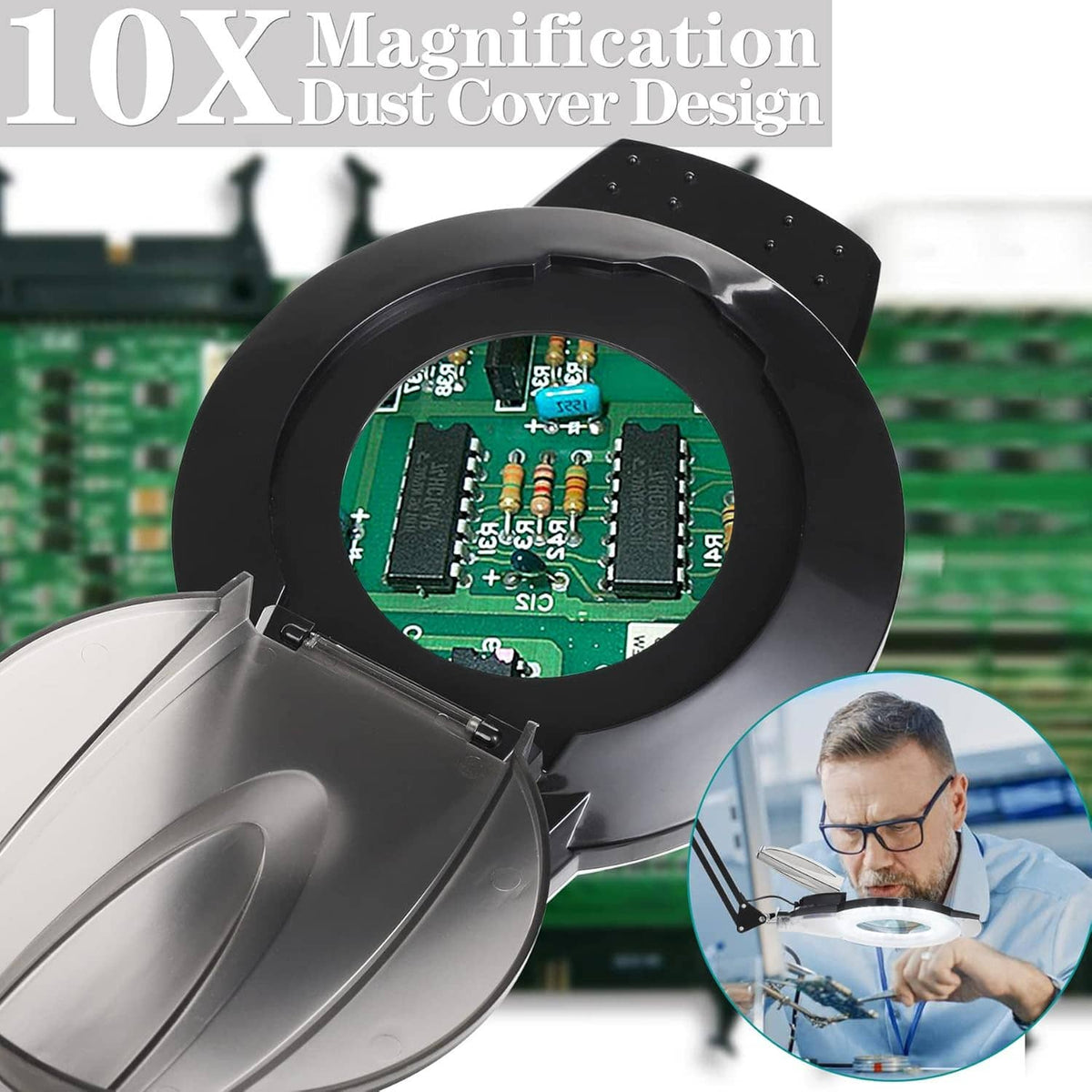Circular magnifying lens with black dust cover showing internal electronics