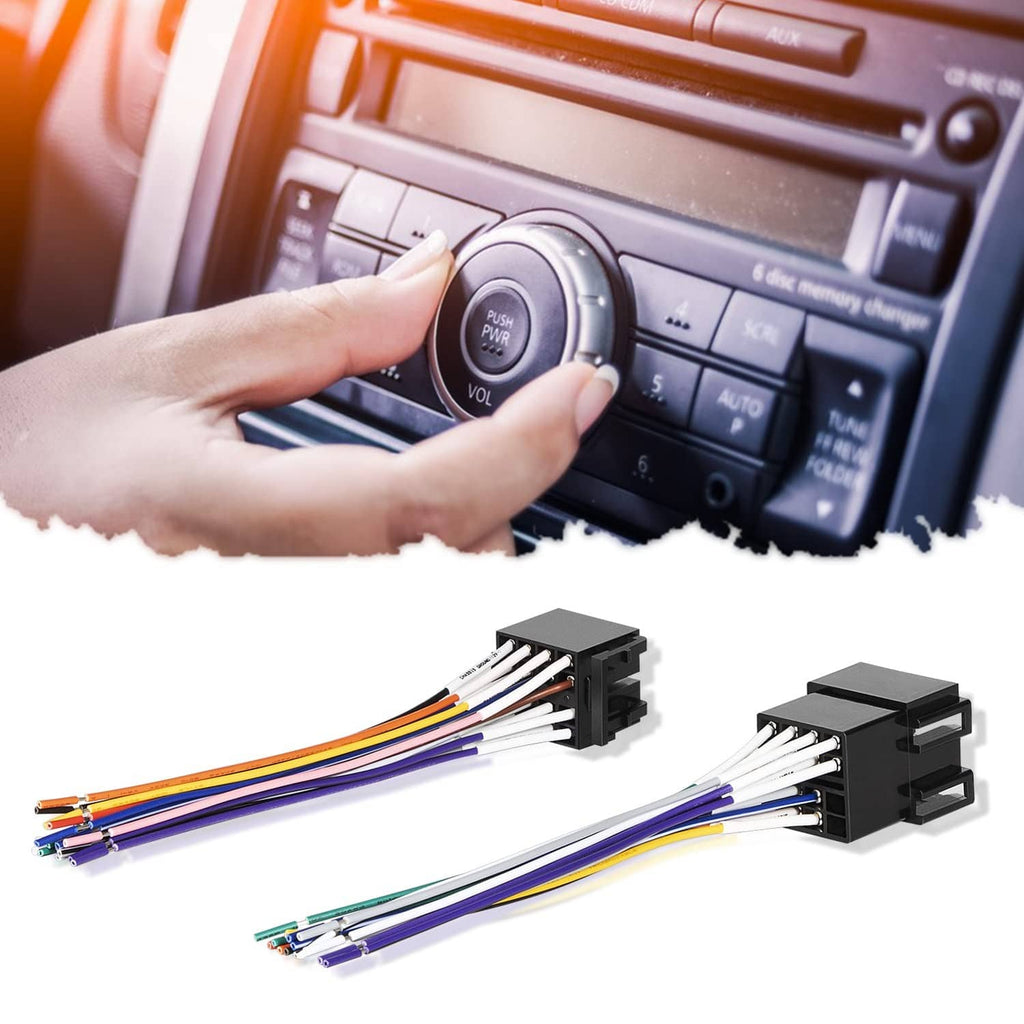 Truck ISO radio wiring harness adapter with two black plugs and multicolor leads
