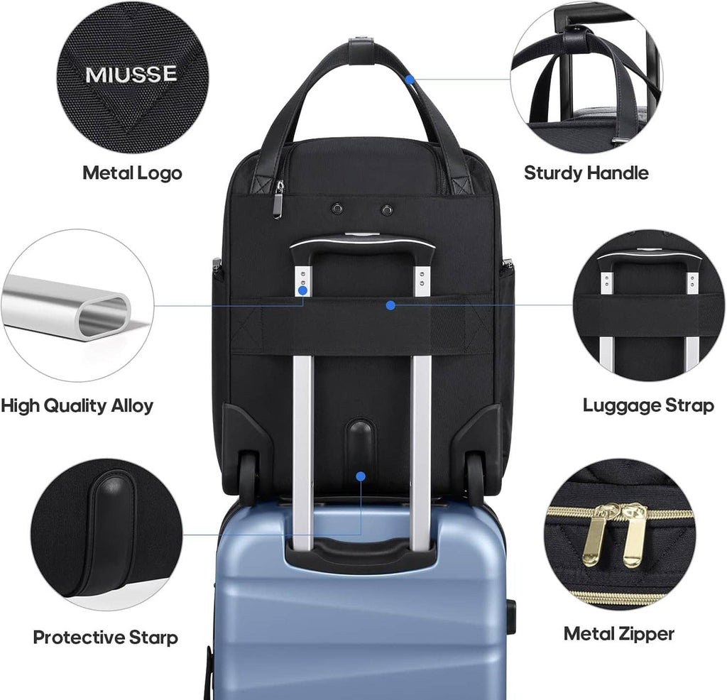 Black softside carry-on with MIUSSE logo, metal zipper, and protective luggage strap