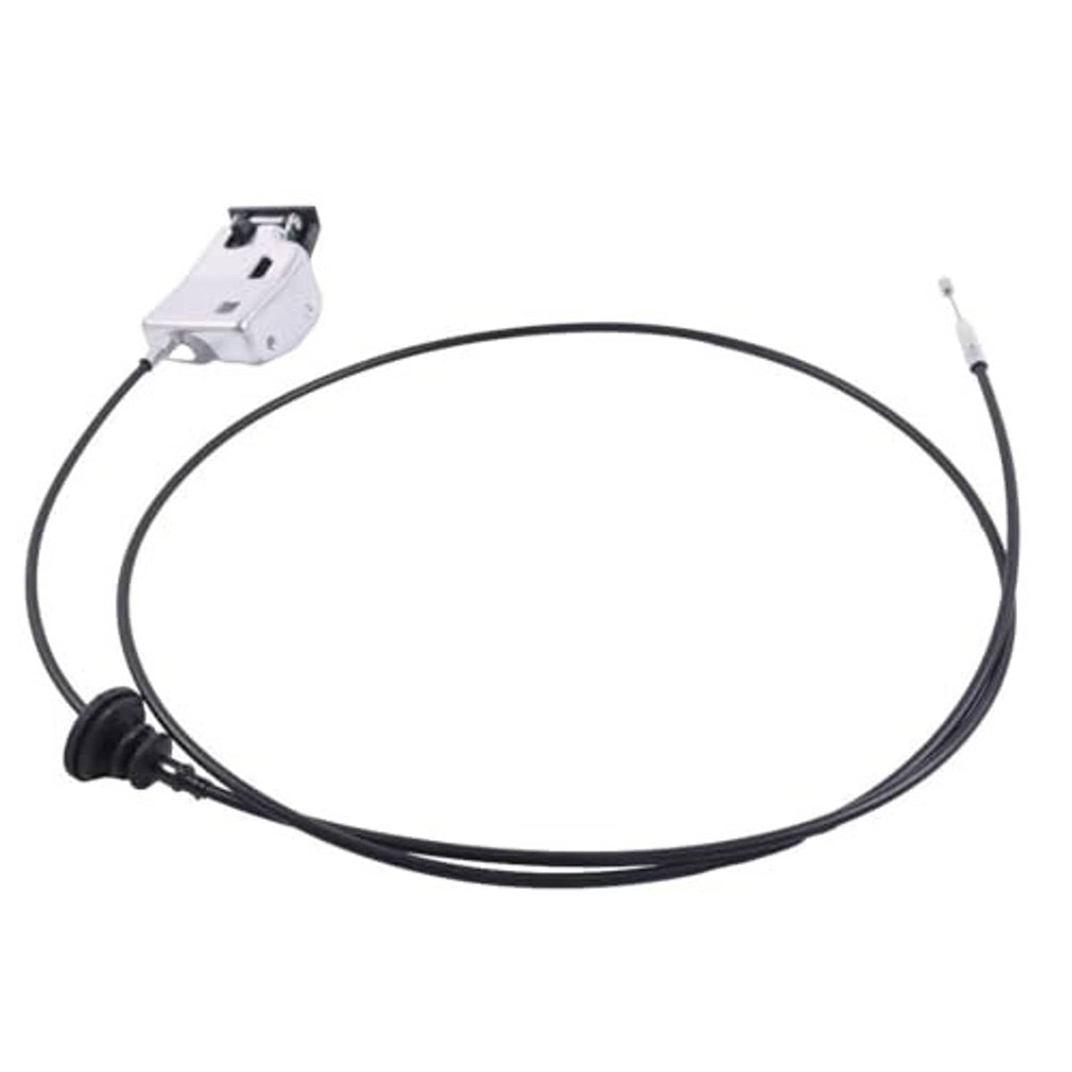 Hood release cable with metal latch release and long black cable loop