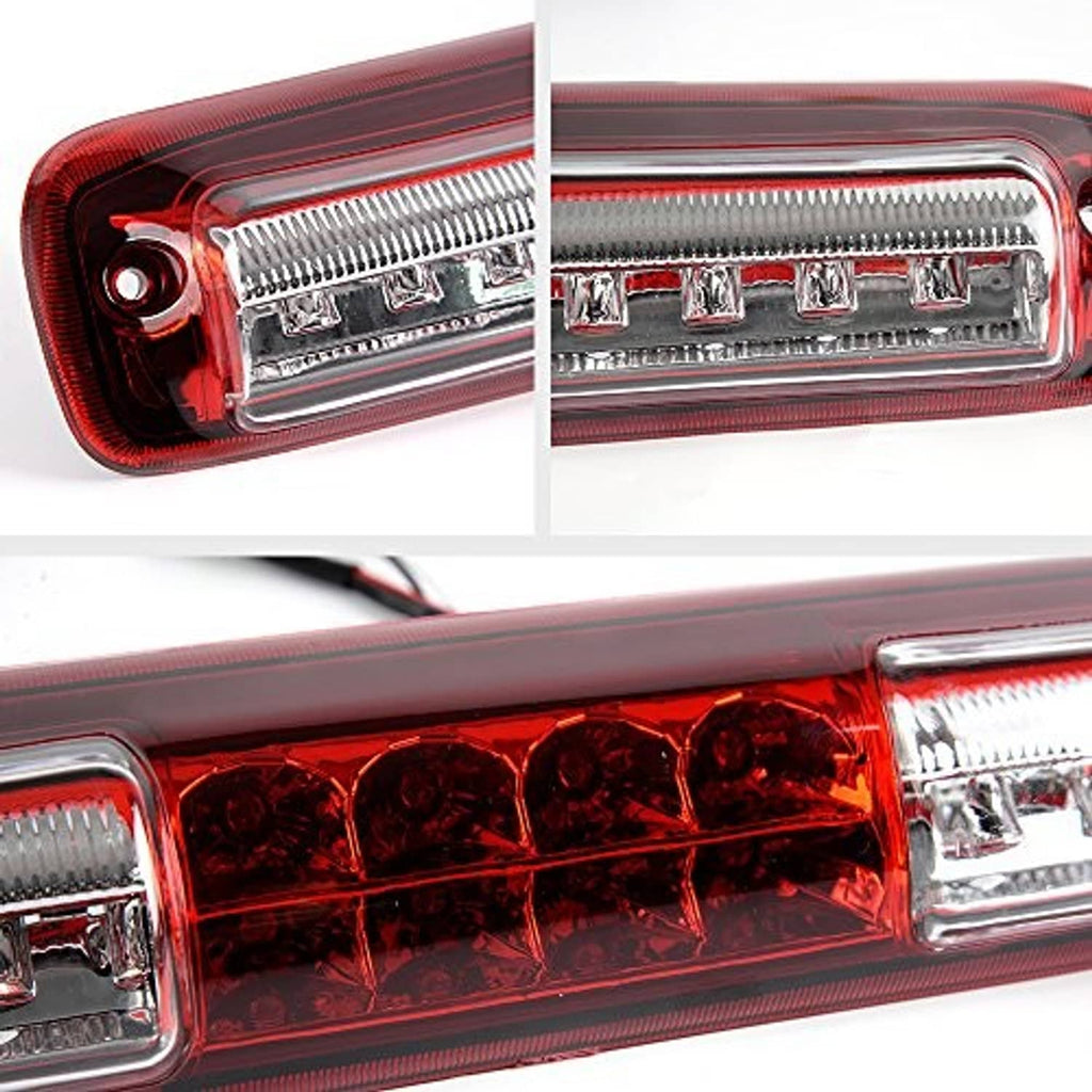 Red third brake light close-up with clear reflector windows and LED grid lens