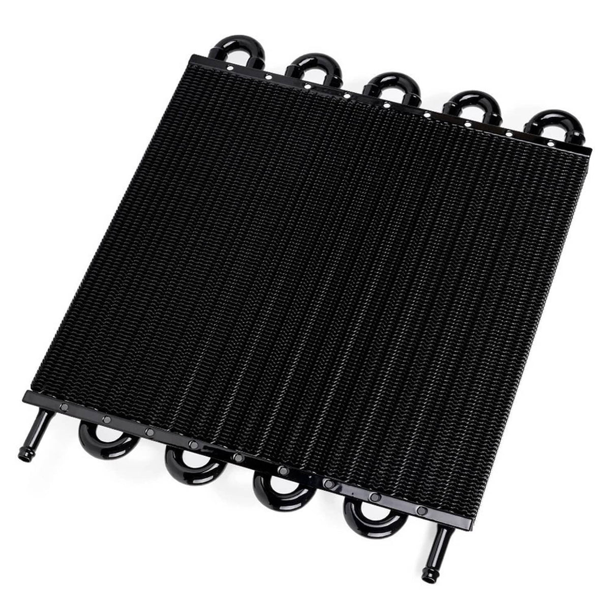 Black oil cooler heat exchanger panel with mounting loops and threaded side posts