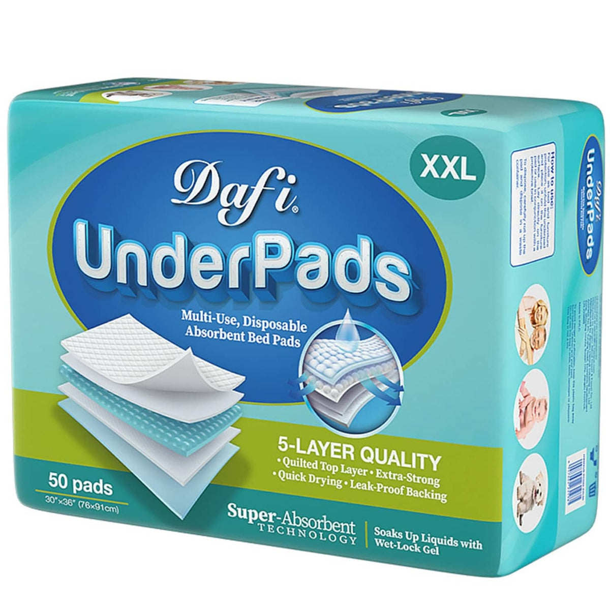 Dafi disposable underpads package showing stack of white pads and XXL size label