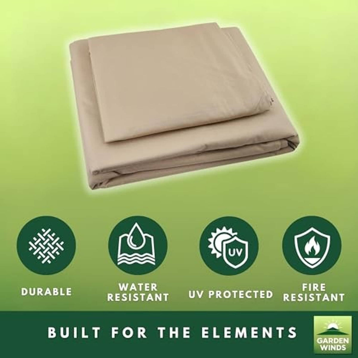 Replacement canopy top fabric stack labeled as durable, water resistant, UV protected, fire resistant