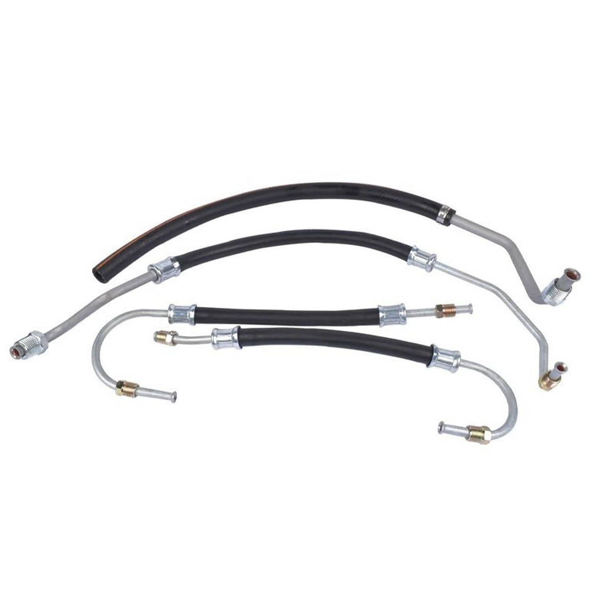 Power steering hose assembly with multiple black hoses and silver metal tube fittings
