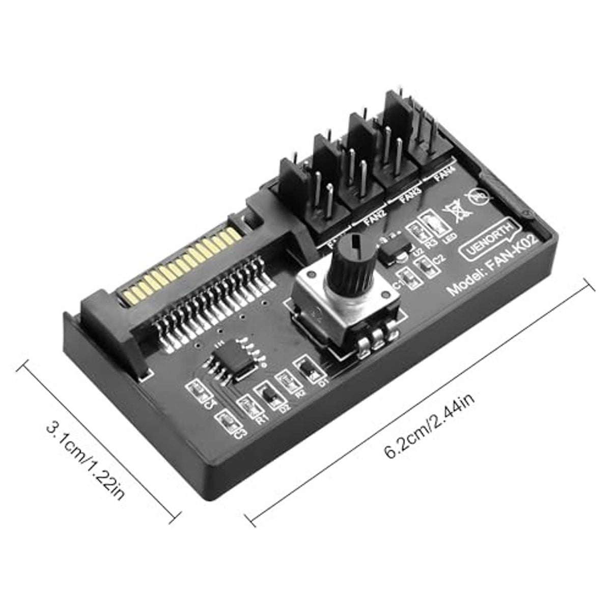 PC fan speed controller hub underside with mounting pins and model FAN-K02 label