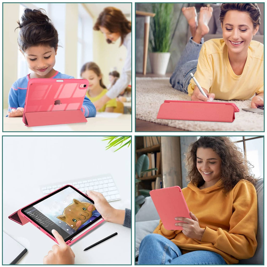 Pink folio iPad case in use with stand for typing and watching