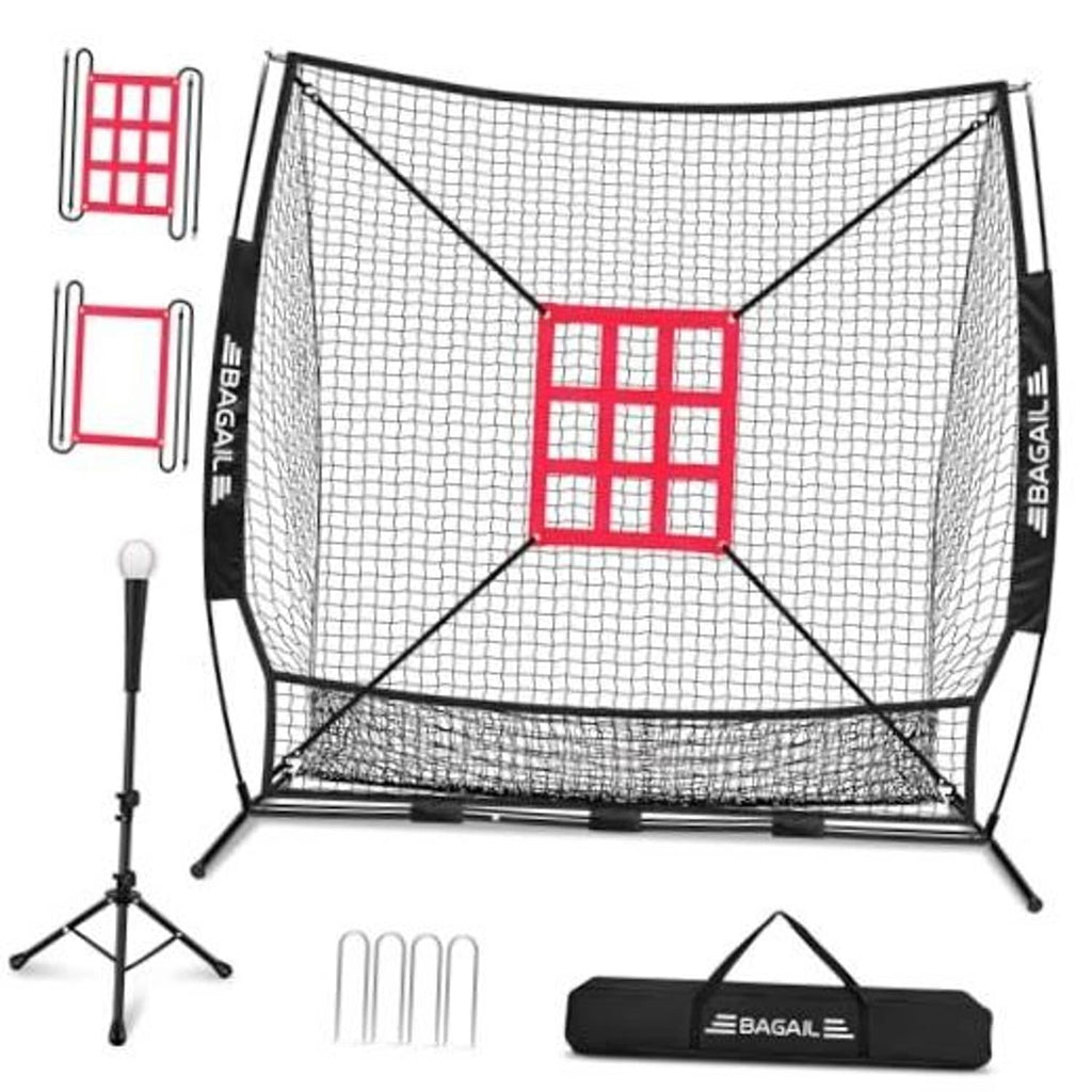Black mesh baseball training net with red strike zone target, two tripods and carry bag