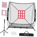 Black mesh baseball training net with red strike zone target, two tripods and carry bag