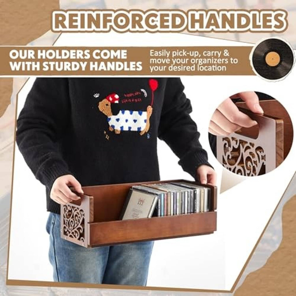 Brown wooden CD storage rack with reinforced side handle cutouts and open front tray