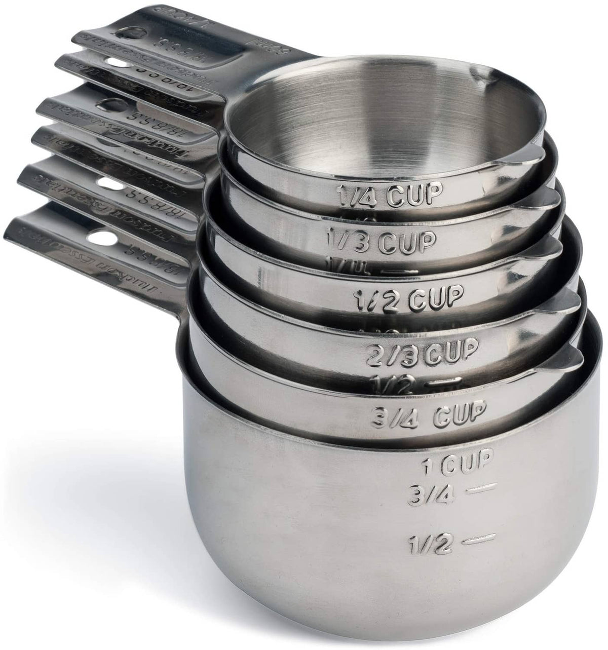 Stainless steel measuring cup set with labeled 1/4 to 1 cup sizes
