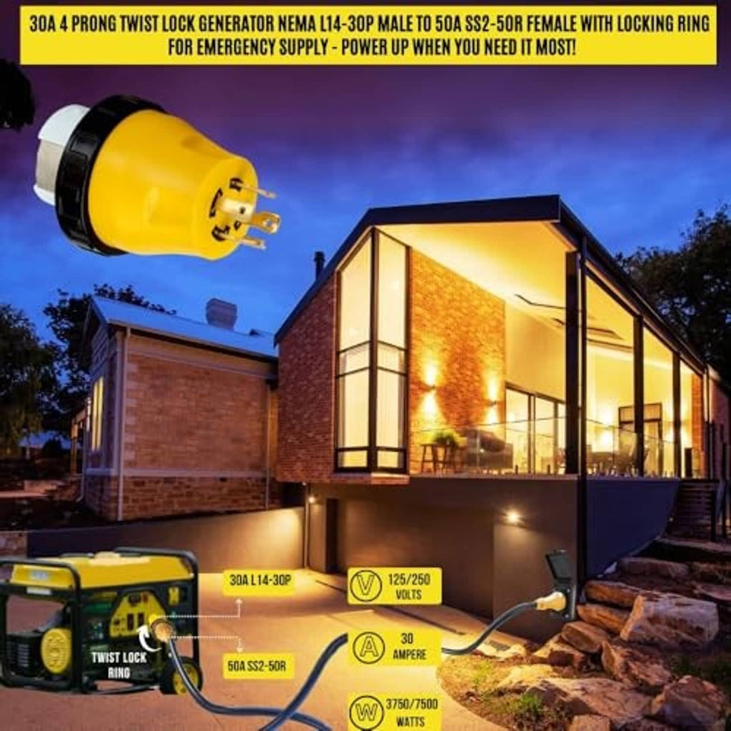 Yellow NEMA generator adapter plug with white twist-lock connector and metal prongs