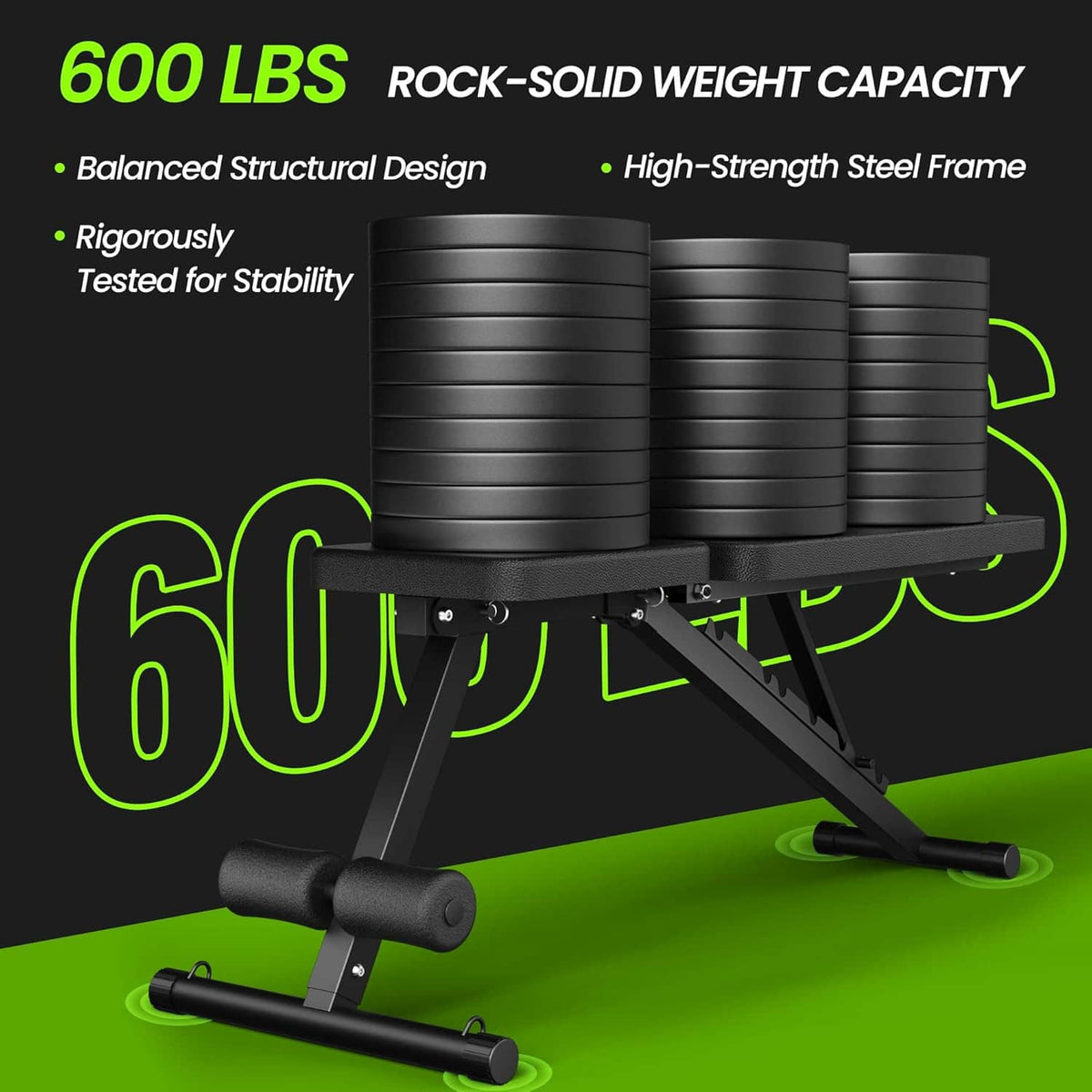 Adjustable weight bench frame with padded seat, black base and leg roller supports