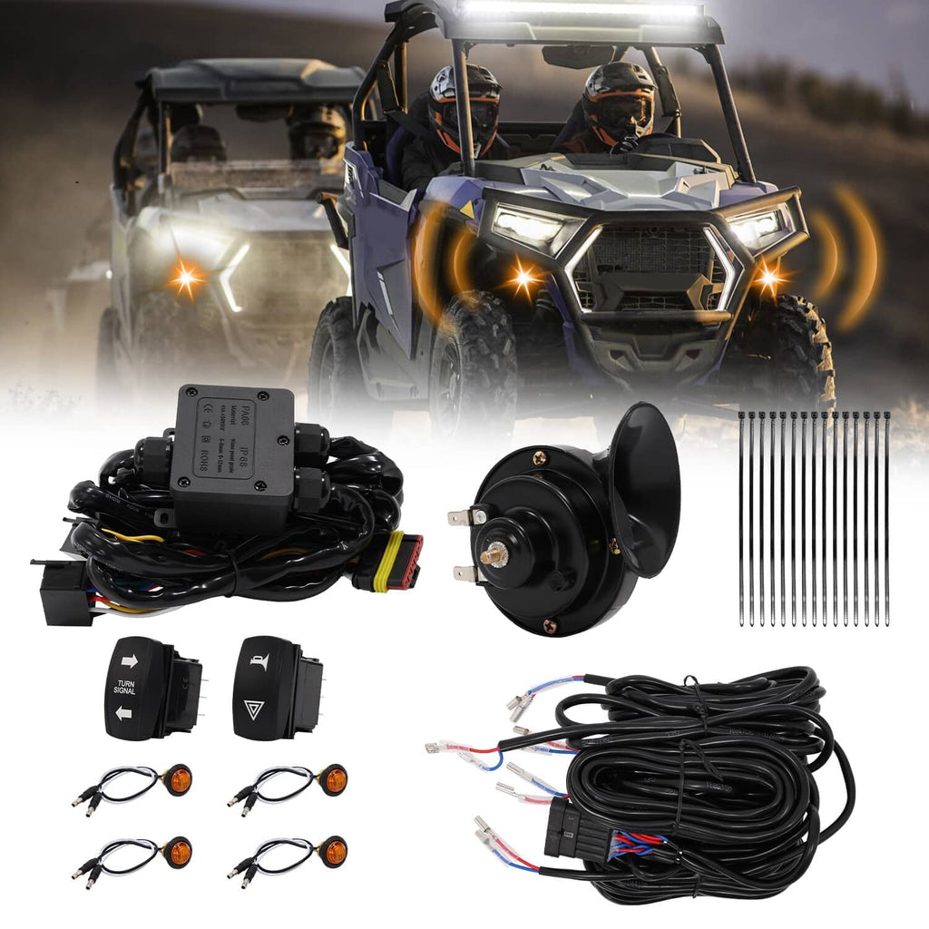 ATV turn signal horn kit with amber horn, control switches, wiring, and 4 amber lights
